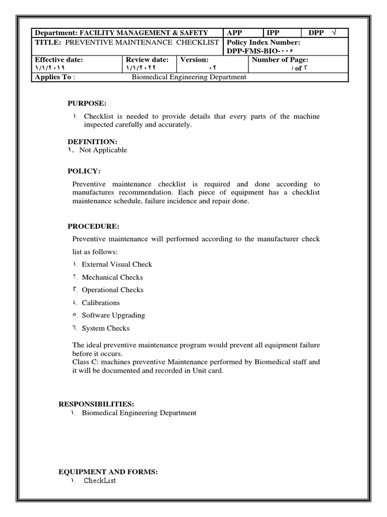 Biomedical PREVENTIVE MAINTENANCE CHECKLIST PDF Biomedical Engineering Engineering