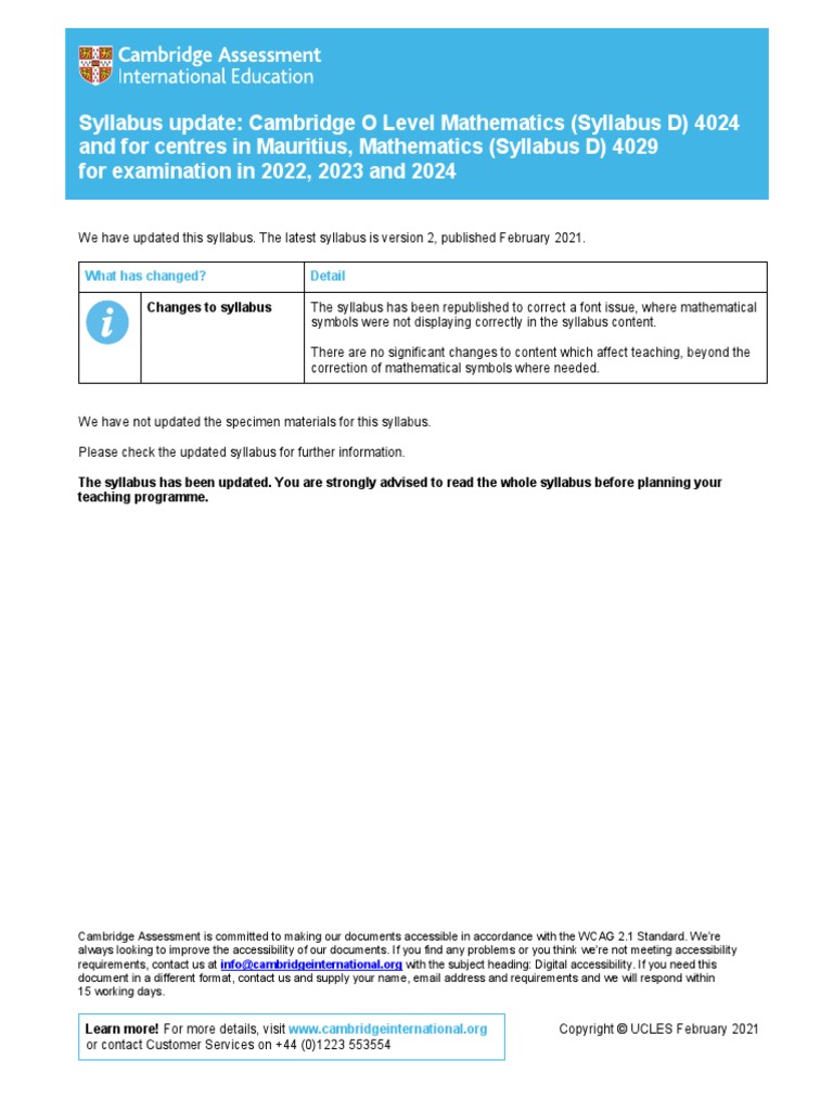 Syllabus Update: Cambridge O Level Mathematics (Syllabus D) 4024 and ...