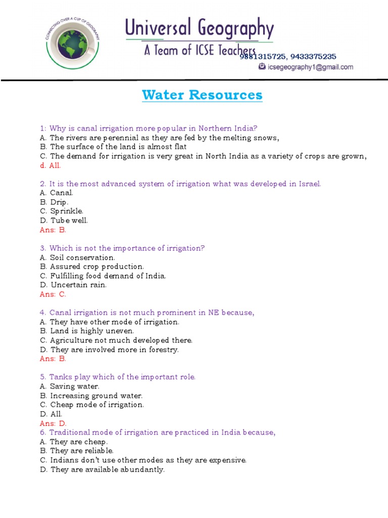 MCQ On Water Resources PDF Irrigation Groundwater