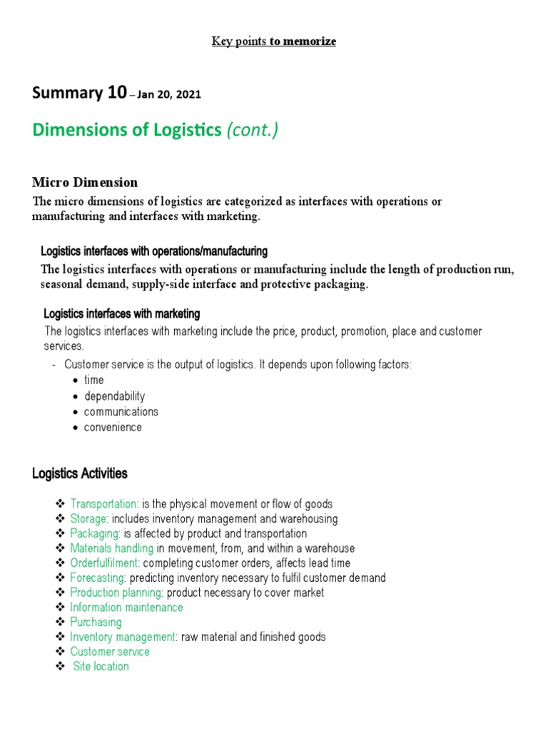 Dimensions of Logistics (Cont.) Micro Dimension PDF Logistics