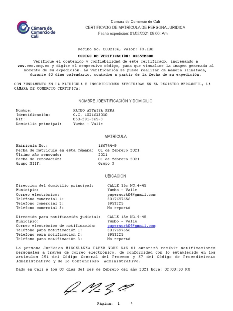 Certificado Camara de Comercio Paper Work Sas | PDF