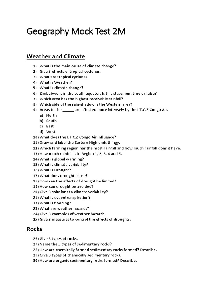 Geography Mock Test Form 2. Weather and Climate, Rocks. PDF Climate Rain