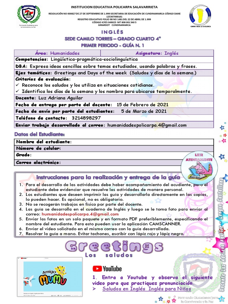 Guia 01 de Inglés Grado 4 Primer Periodo 2021 | PDF