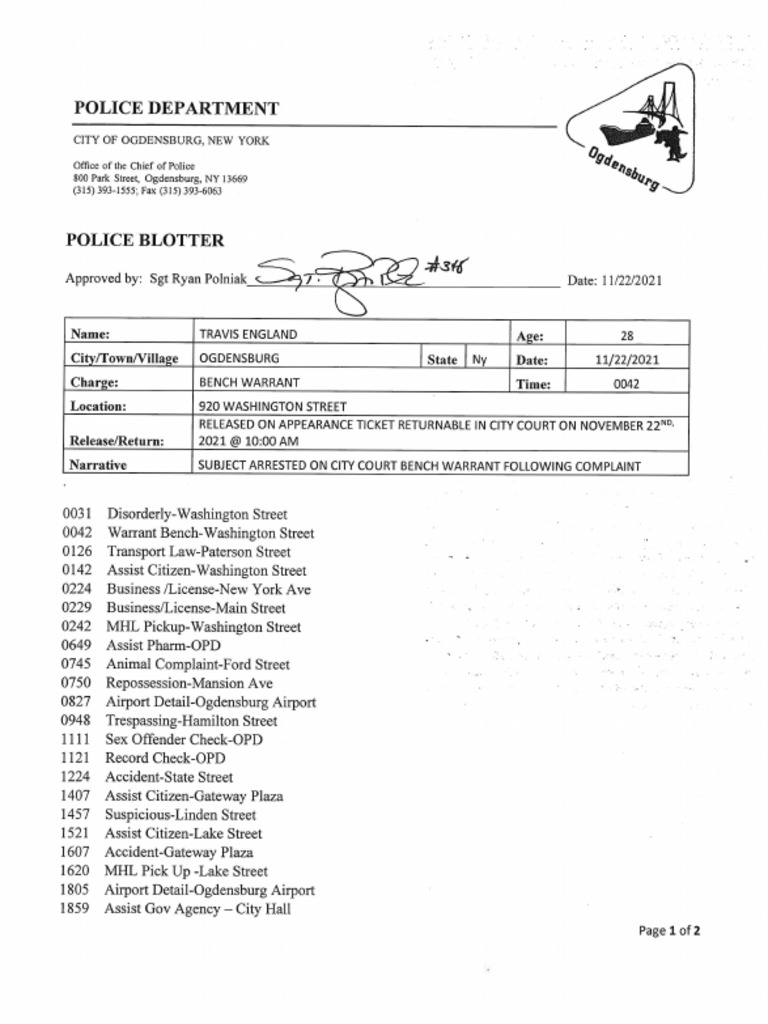 Ogdensburg Police Department Nov. 22, 2021 PDF