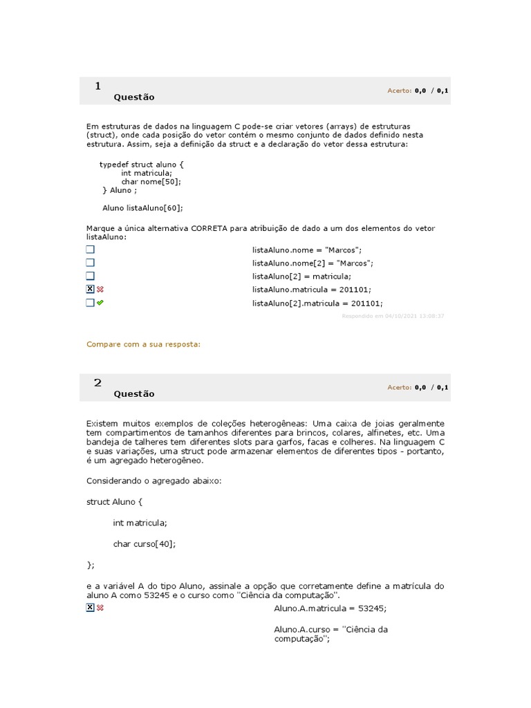 Avaliando Aprendizado Estrutura de Dados em C | PDF | C (linguagem de ...