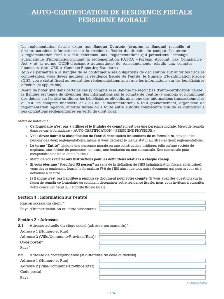Formulaire Auto Certification Residence Fiscale Qualification Crs Fatca