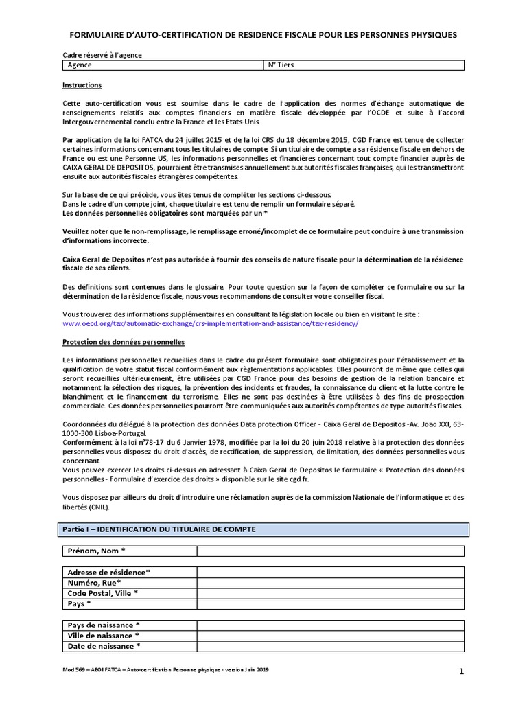Formulaire Auto Certification Residence Fiscale Qualification Crs Fatca FATCA Autocertification Personne Physique Juin2019 | PDF | Directive (Union  européenne) | Union européenne