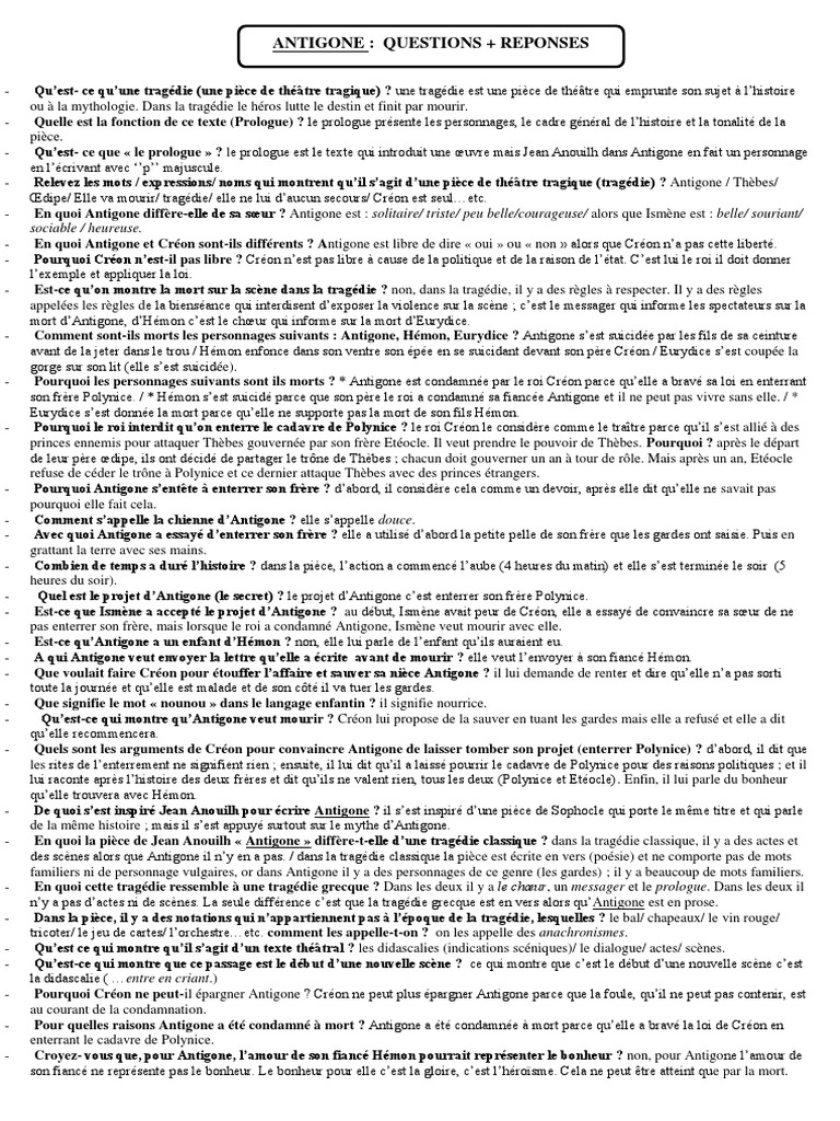 Sujet Brevet Créon Et Hémon Corrigé ANTIGONE Questions Et Réponses | PDF