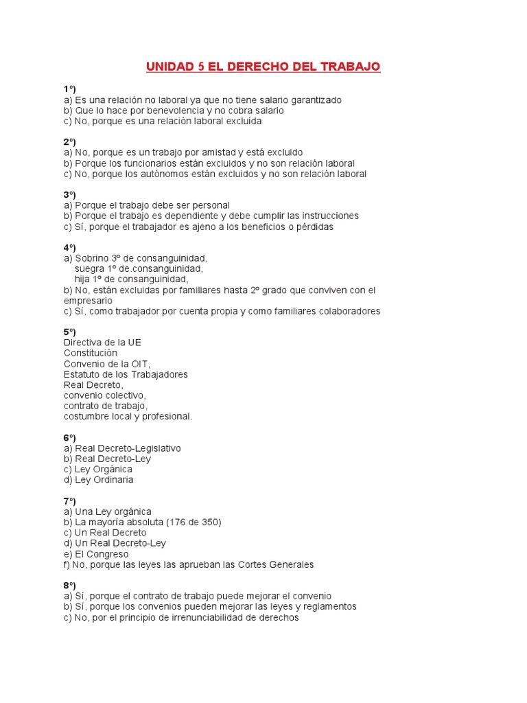 Ejercicios Unidad 5 El Derecho Laboral | PDF | Derecho laboral ...