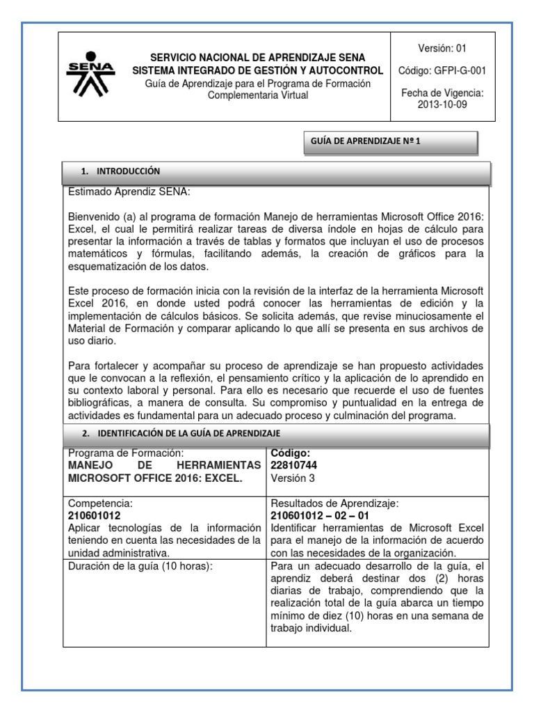 Guia1 Excel | PDF | Microsoft Excel | Aprendizaje