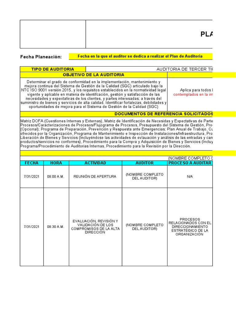 Plan de Auditoria - NTC ISO 9001 | PDF | Calidad (comercial) | Gestión ...