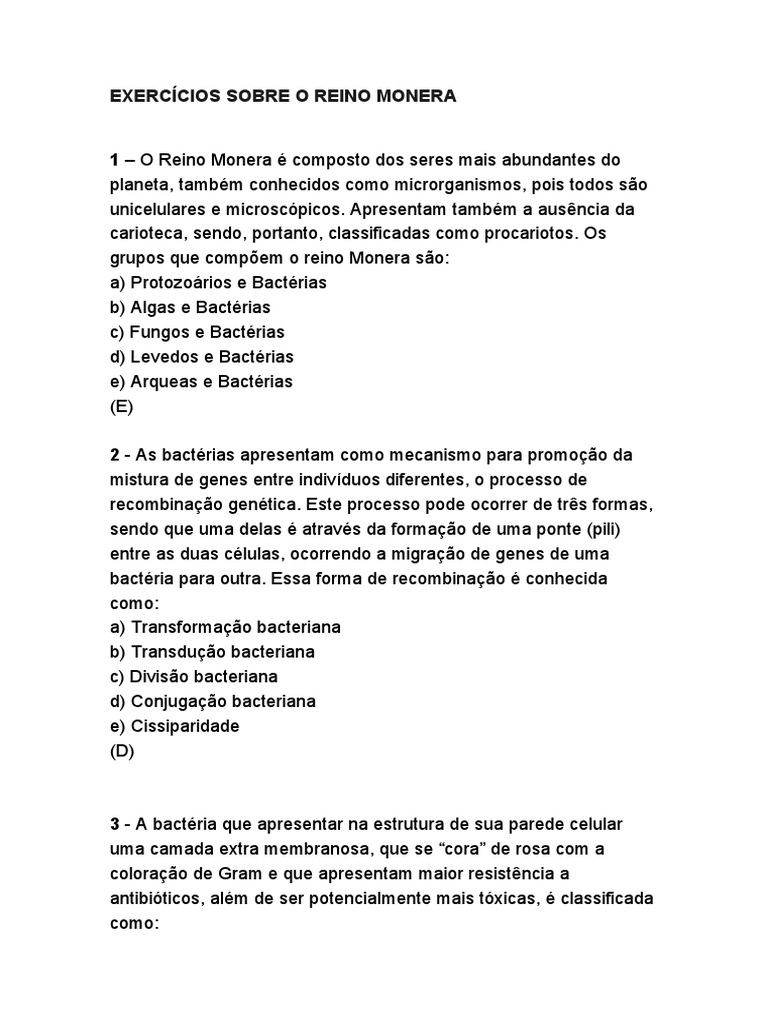 Exercícios Sobre o Reino Monera | PDF | Bactérias | Célula (Biologia)