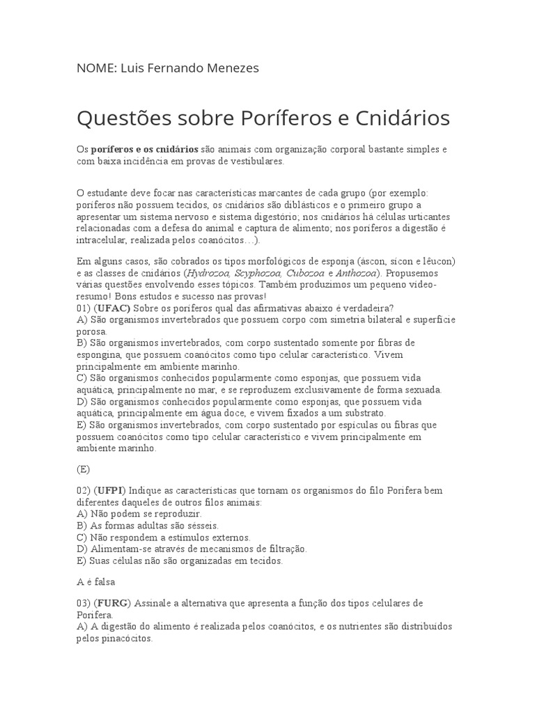 Questões sobre Poríferos e Cnidários | PDF | Esponja | Biologia