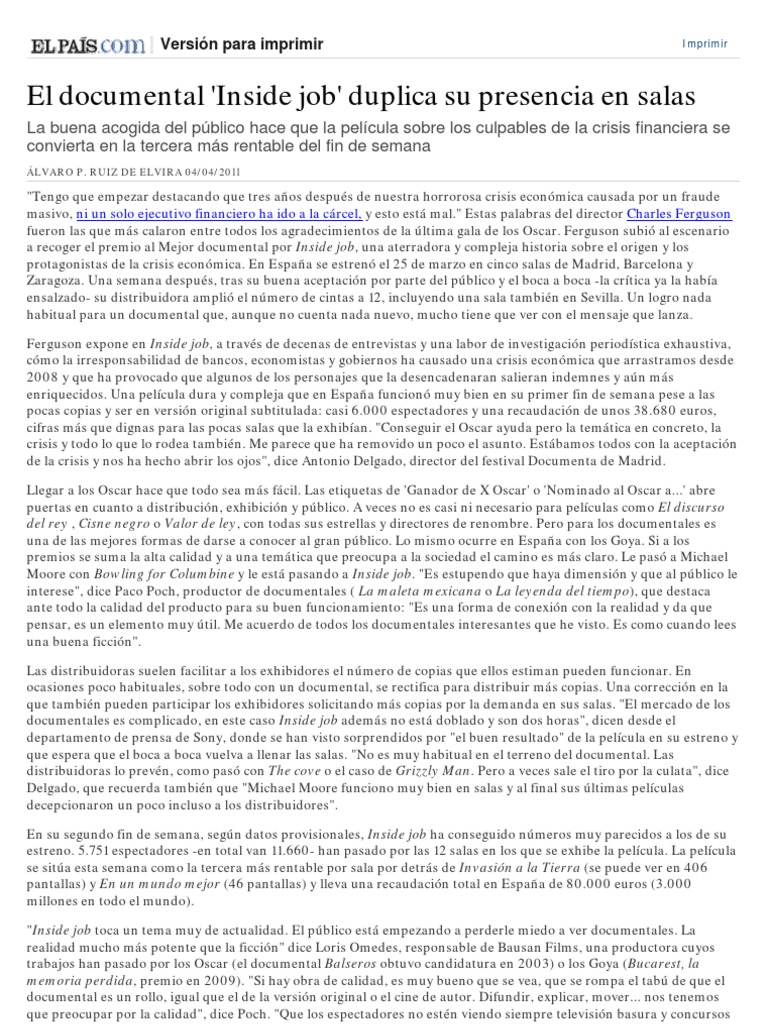 Inside Job. El Documental. El País PDF Documental Ocio