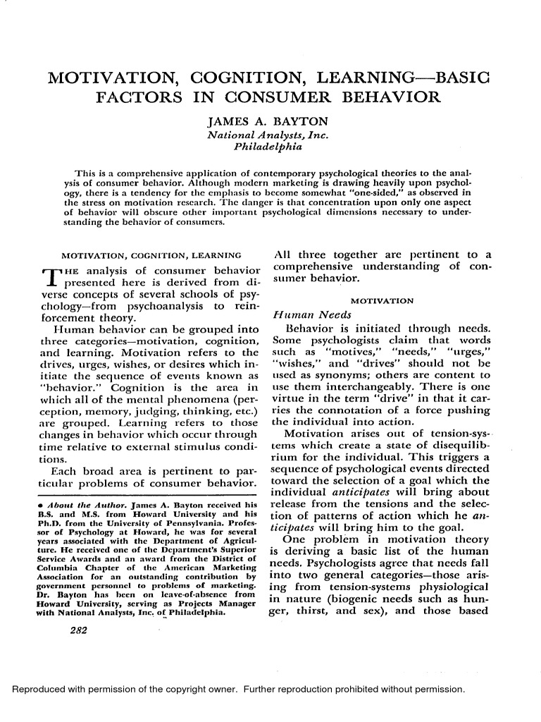 Motivation, Cognition, Learning - Basic Factors in Consumer Behavior ...