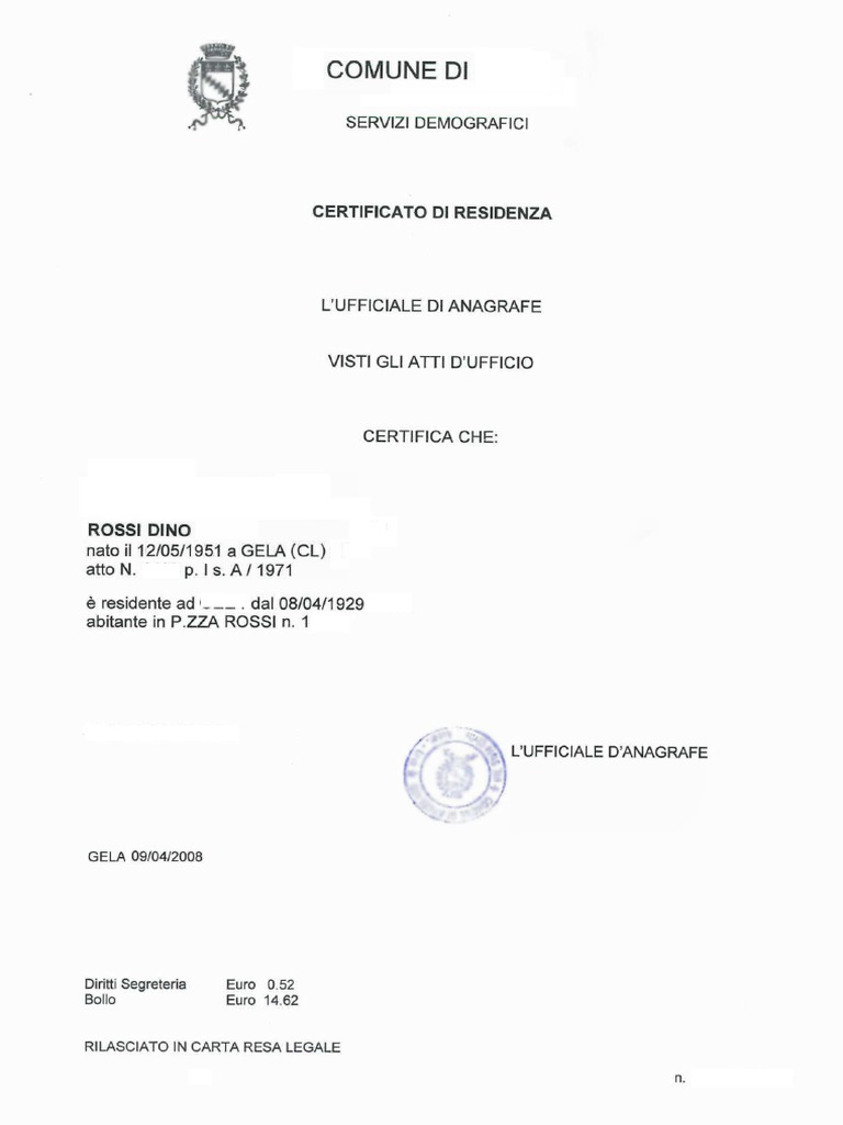 Esempio Certificato Di Residenza PDF