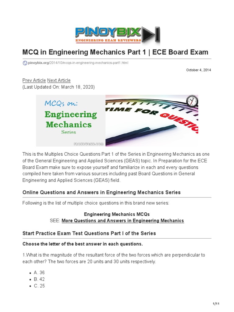 MCQs in Engineering Mechanics Part 1 | PDF | Force | Geometry