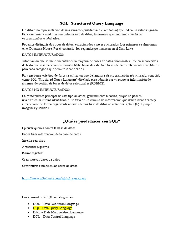 Introducción a SQL y tipos de datos | PDF | SQL | Bases de datos