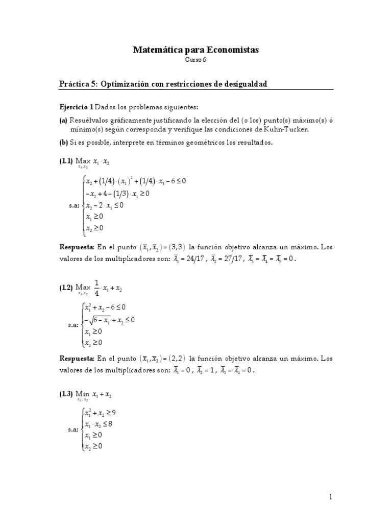 Practica 4. Programacion No Lineal - MATEMÁTICA PARA ECONOMISTAS | PDF ...