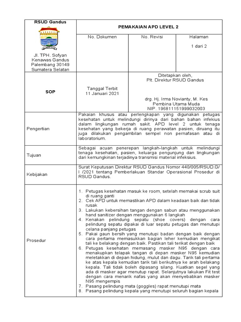 SOP APD Level 2 RSUD Gandus | PDF