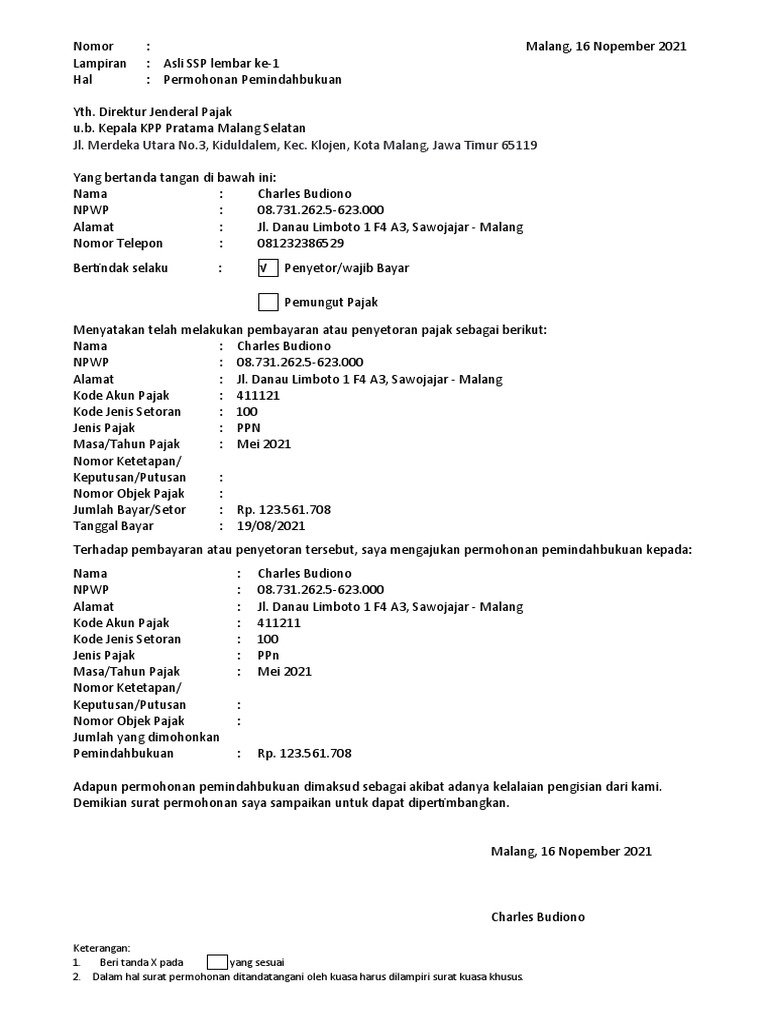 Contoh Formulir Pindah Buku Pajak PDF
