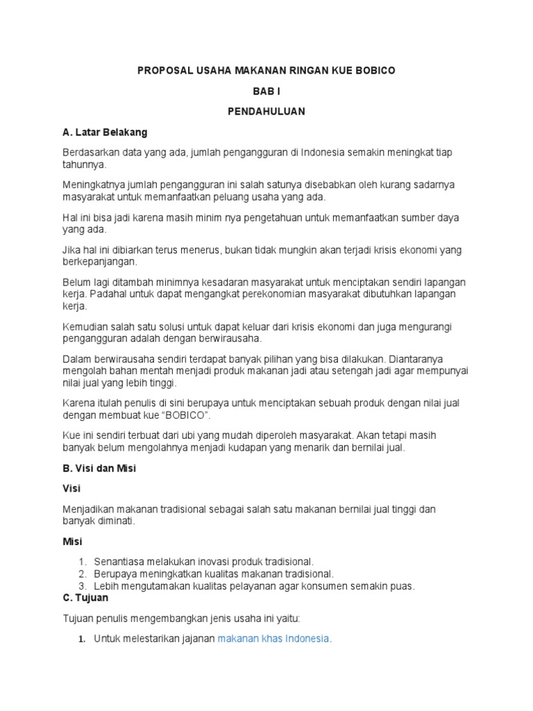 Proposal Usaha Makanan Ringan Kue Bobico Pdf
