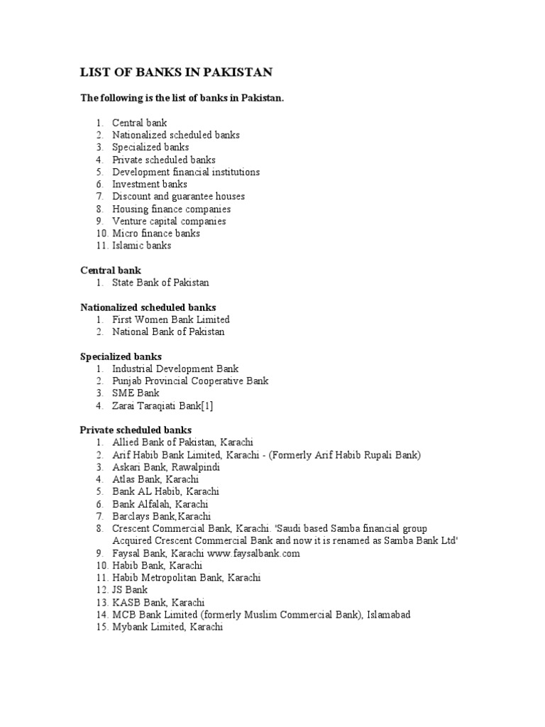 List Of Banks In Pakistan Karachi Islamic Banking And Finance