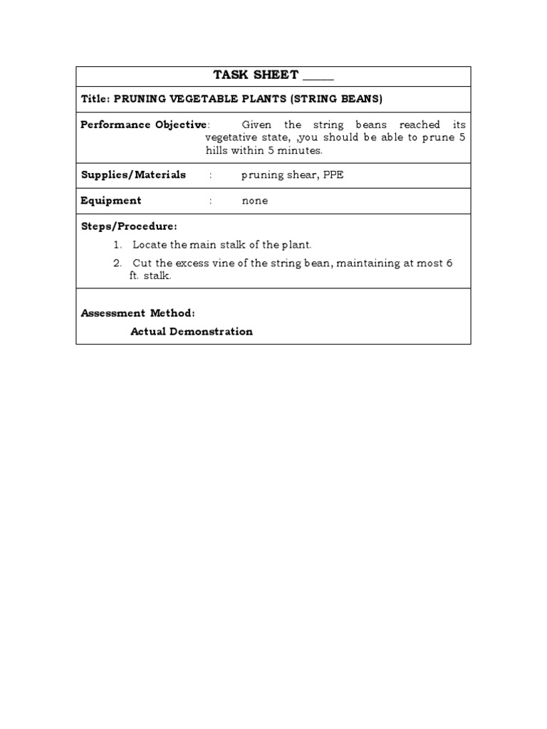 Task Sheet - : Title: Pruning Vegetable Plants (String Beans ...
