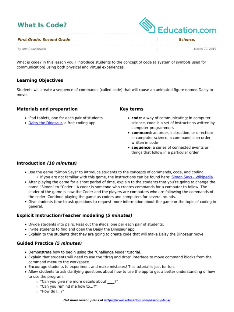 What Is Code?: Learning Objectives | PDF | Programmer | Lesson Plan