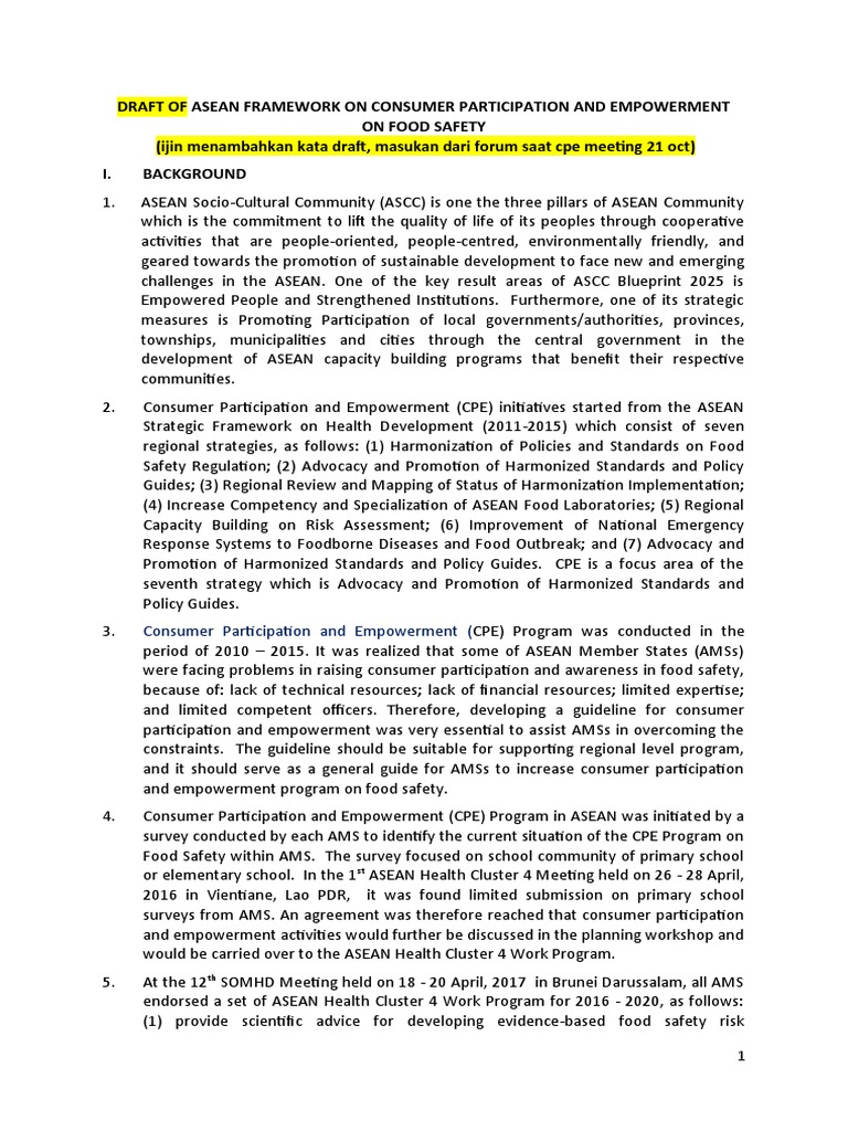 ASEAN Draft Framework on Food Safety CPE | PDF | Food Safety | Foods