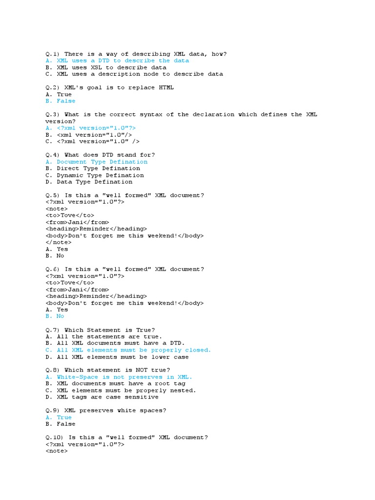 XML Multiple Choice Questions Guide | PDF | Xslt | Xml