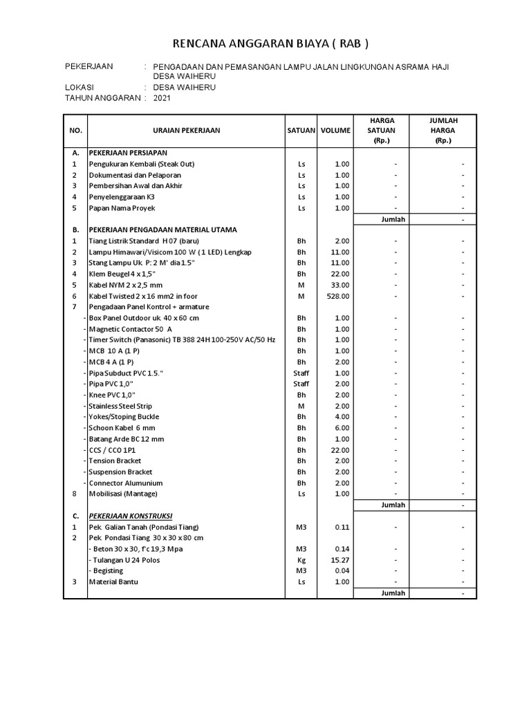 Rencana Anggaran Biaya (Rab) : NO. Satuan Volume Harga Satuan (RP ...