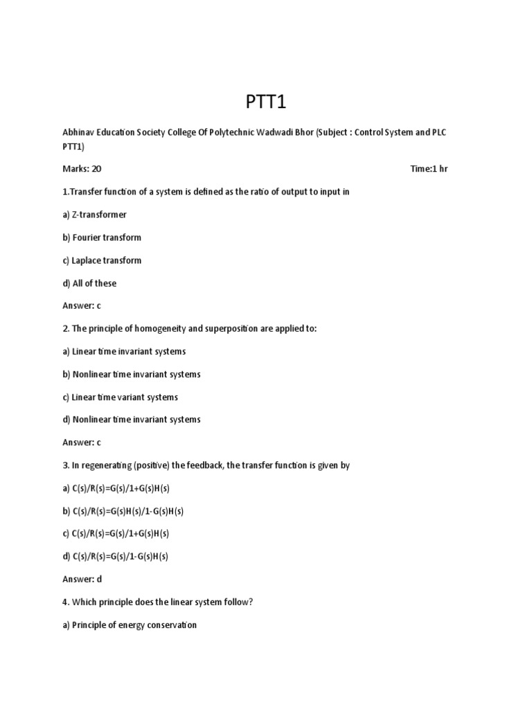PTT 1 Question Paper | PDF | Control Theory | Feedback