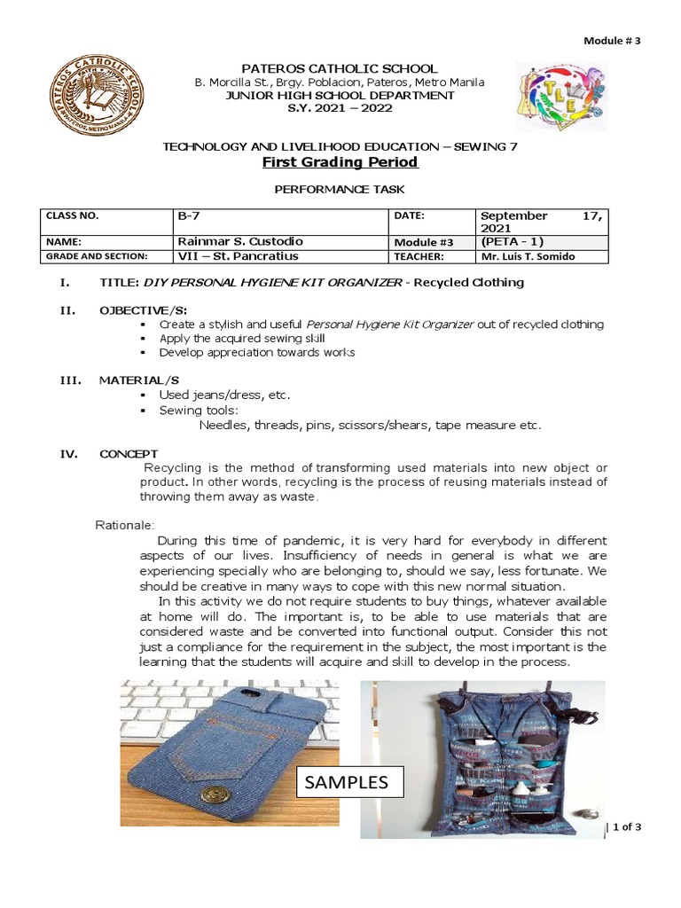 TLE - 7 Module 3 PETA-Personal Hygiene Kit Organizer | PDF | Clothing ...