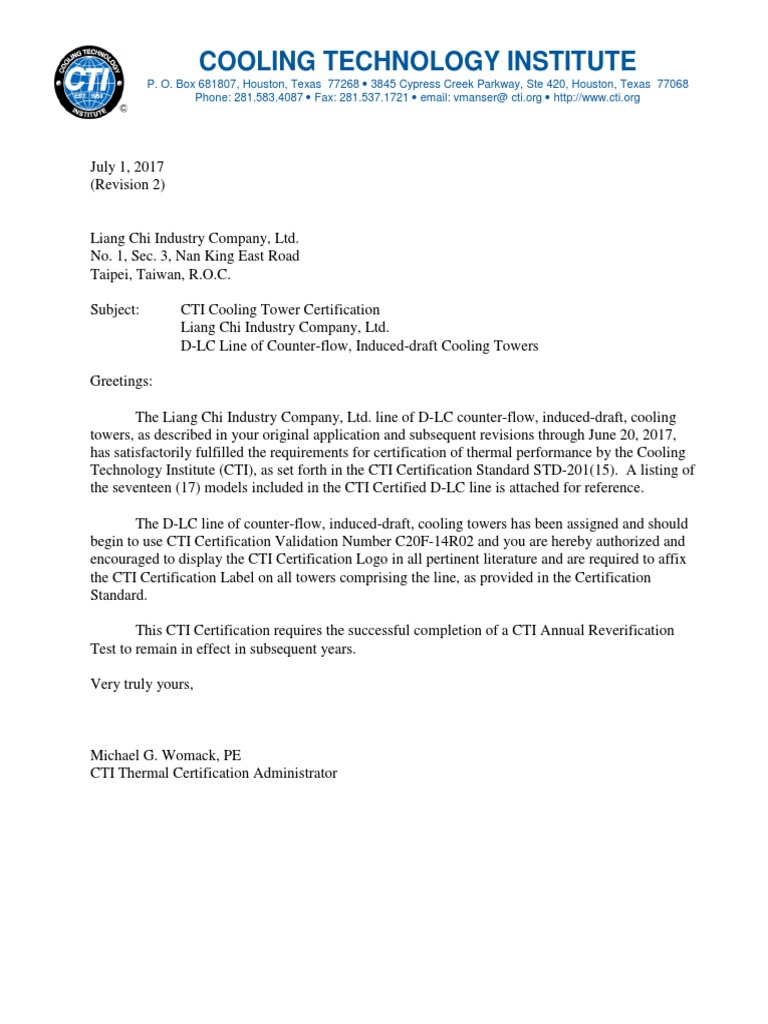 CTI Certification for D-LC Cooling Towers | PDF | Galvanization | Materials