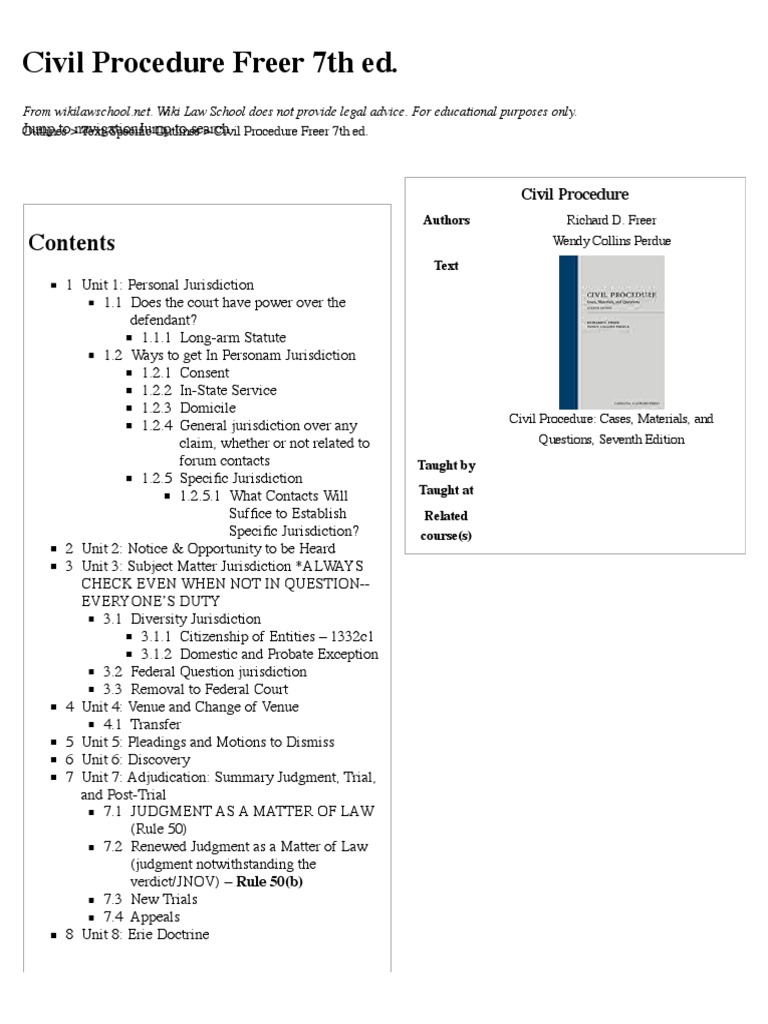 Law School Outline Keyed To Civil Procedure Freer 7th Ed - Wiki Law ...