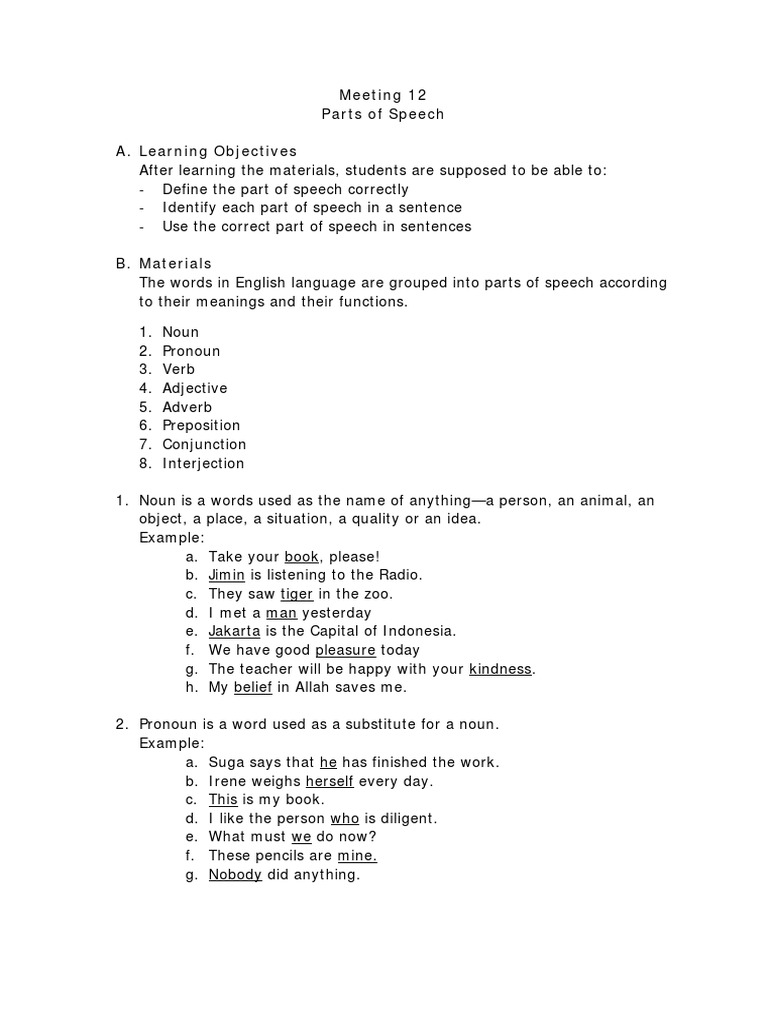 Parts of Speech PDF Part Of Speech Noun