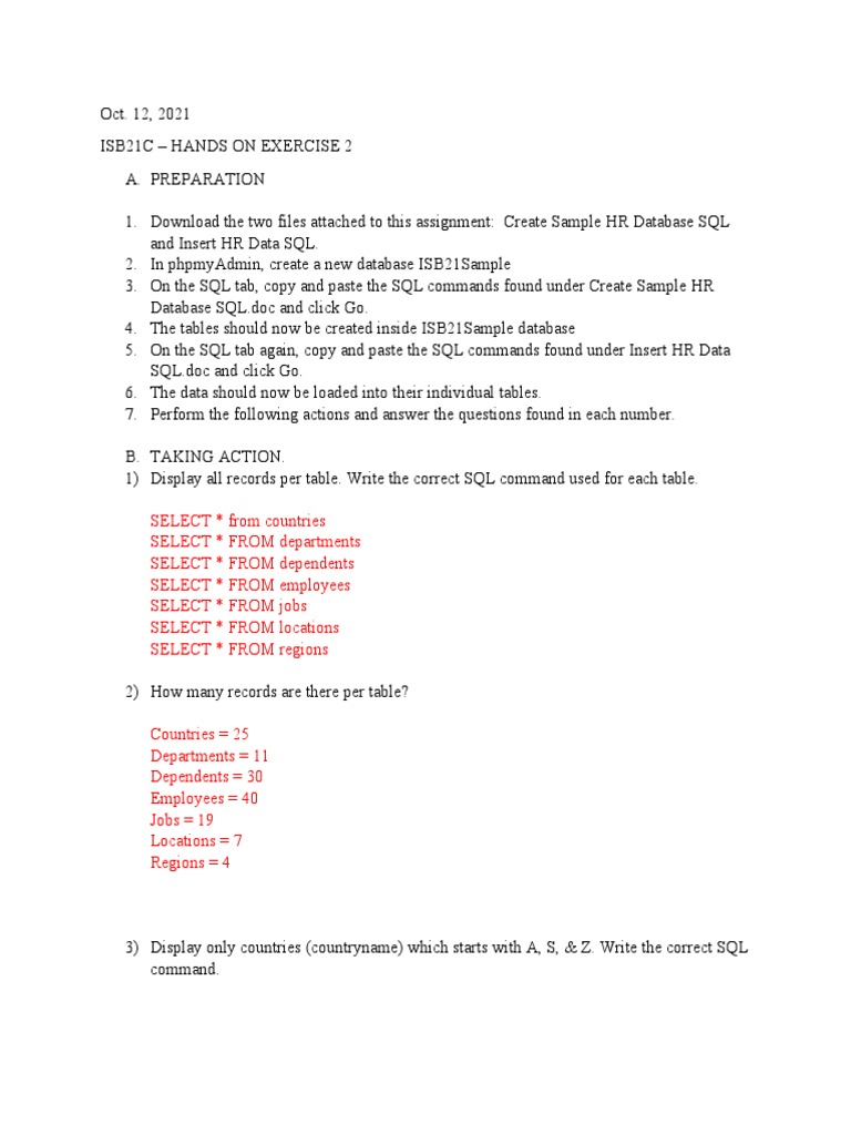 Review Hands On Exercise 1 - SQL With Answers | PDF | Databases ...
