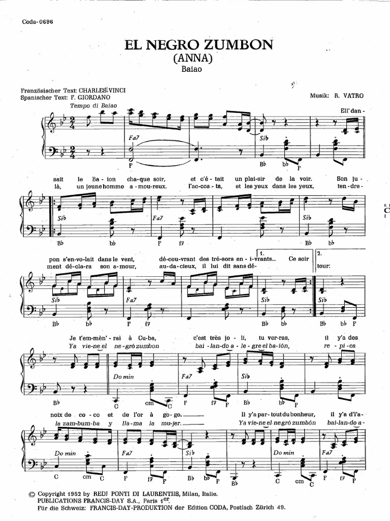 R Vatro - El Negro Zumbon (Anna) - 1952 - Sheet Music | PDF