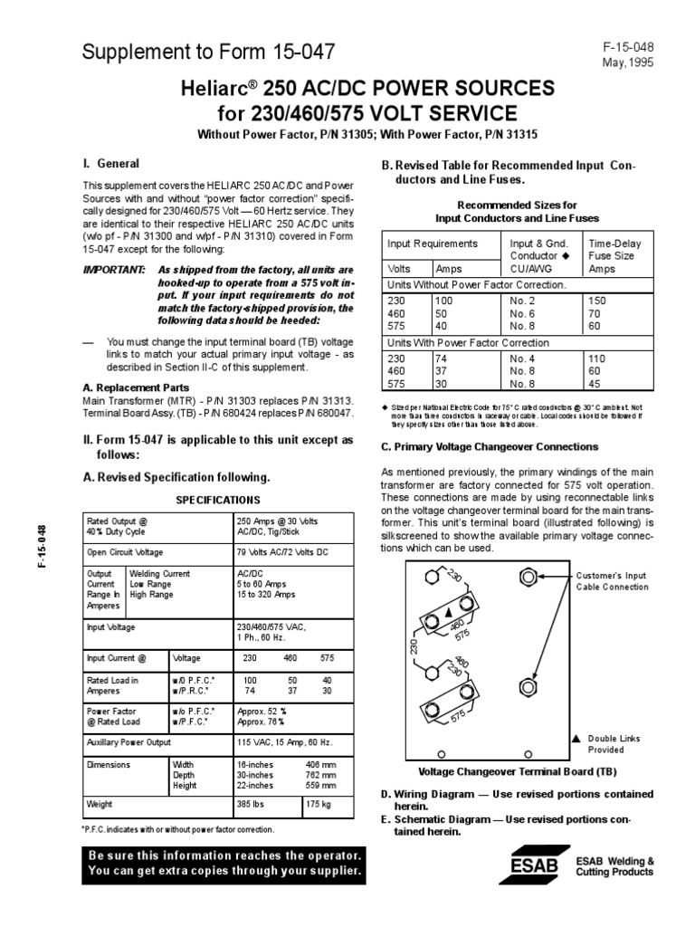 Heliarc 250 Ac/Dc Power Sources For 230/460/575 VOLT SERVICE | PDF ...