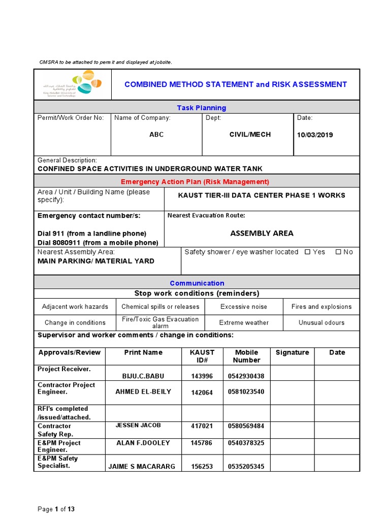 RAMS For Confined Space Activities in Underground Water Tank | PDF ...