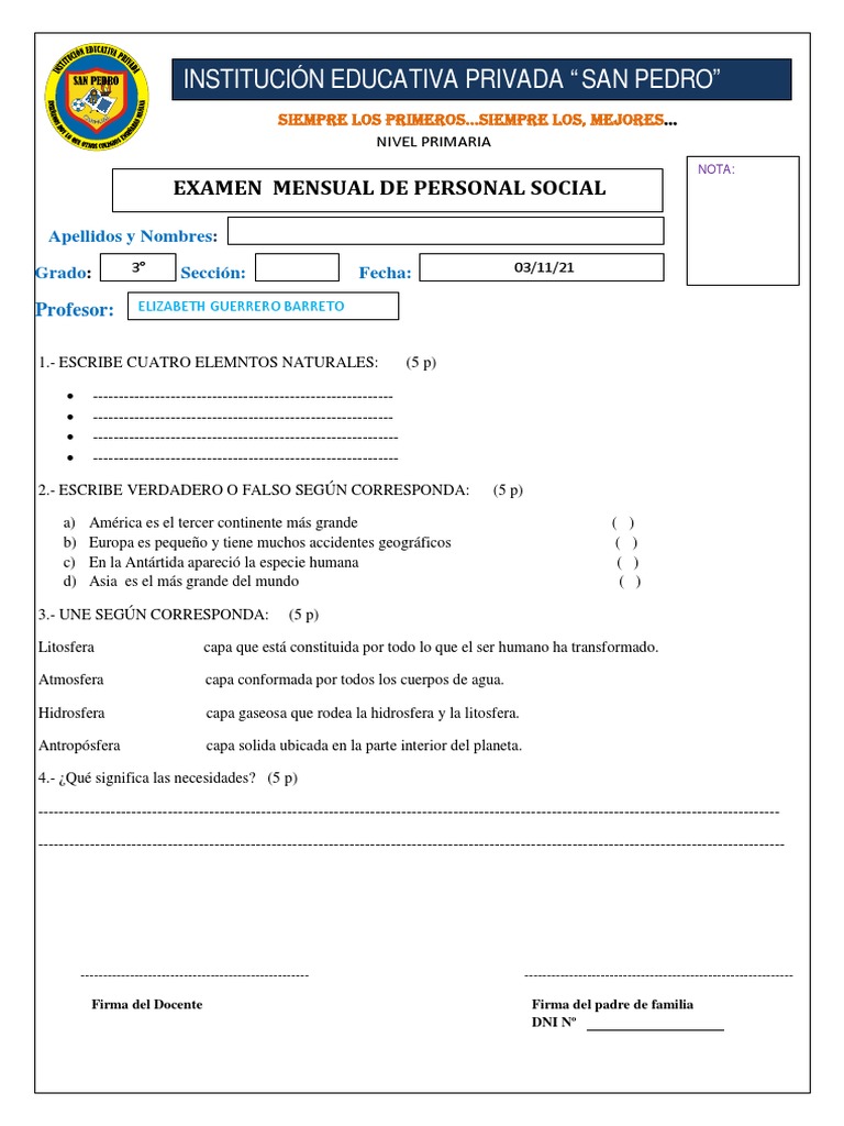 Examen Mensual de Personal Social 3° Primaria | PDF