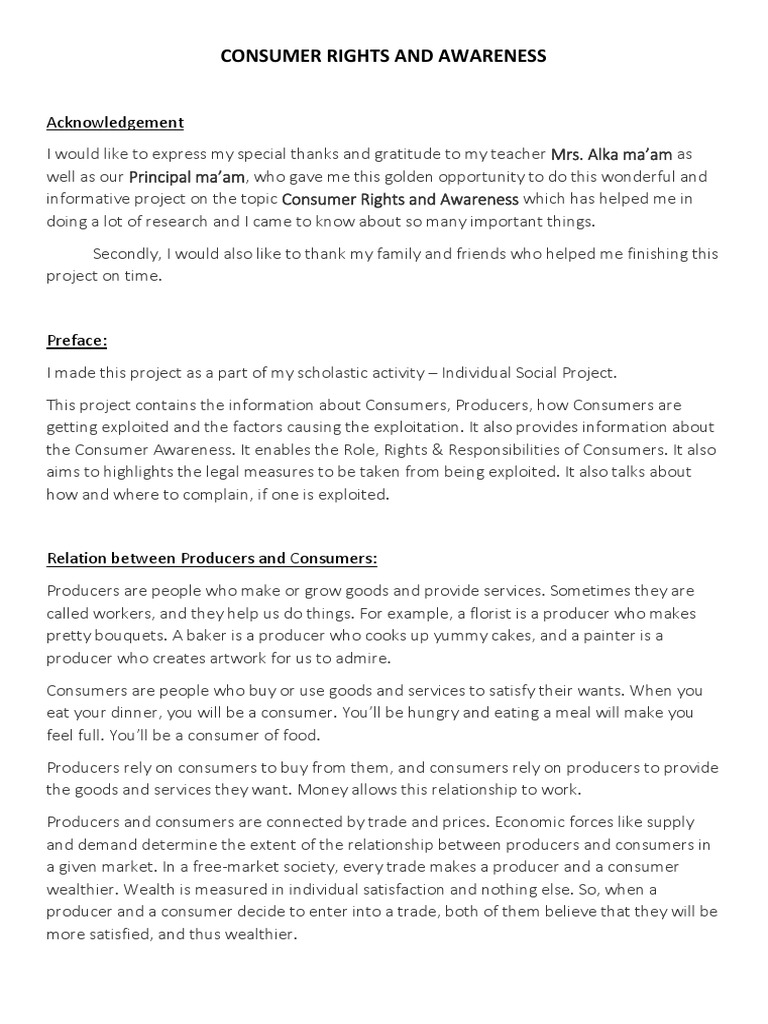Acknowledgement for Consumer Rights Project | PDF | Marketing ...
