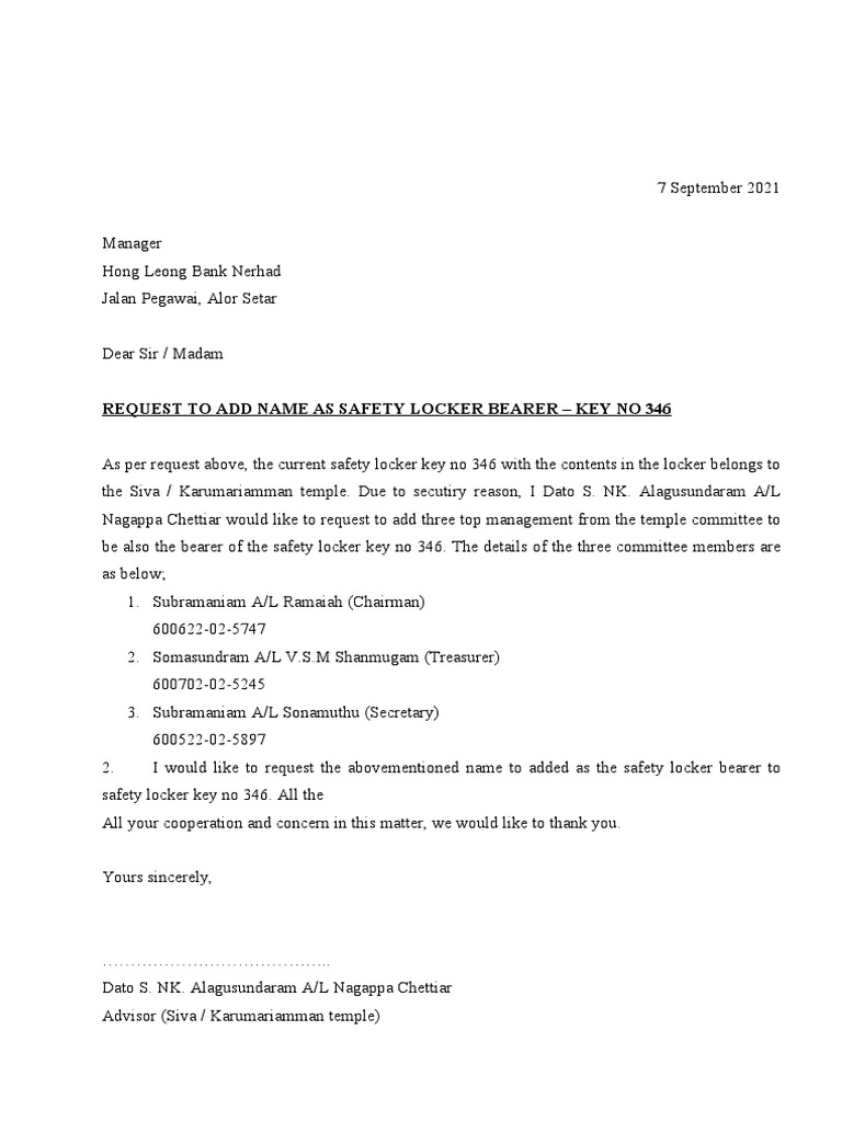 Request To Add Name As Safety Locker Bearer - Key No 346 | PDF