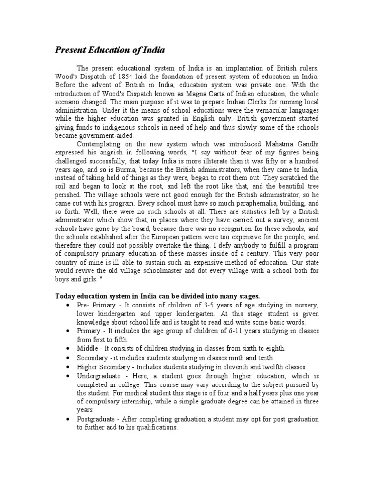Current Education System in India | PDF | Bachelor's Degree ...