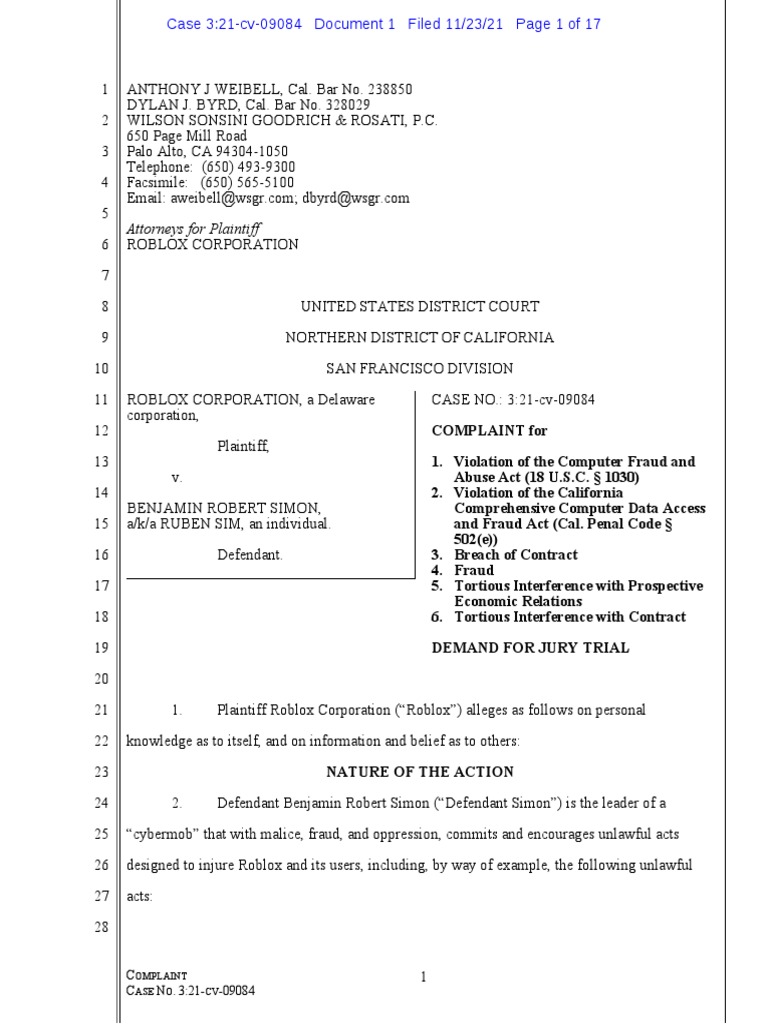 Roblox Vs Ruben Sim Lawsuit PDF Damages Lawsuit