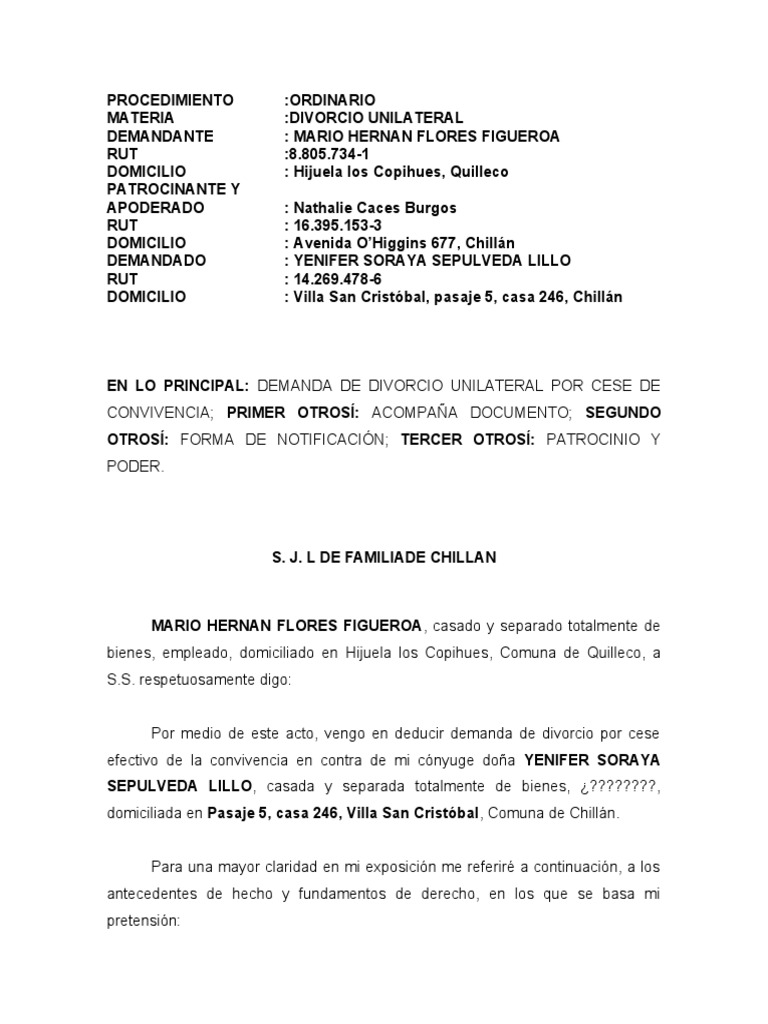 Modelo Divorcio Unilateral Flores Pdf Divorcio Matrimonio
