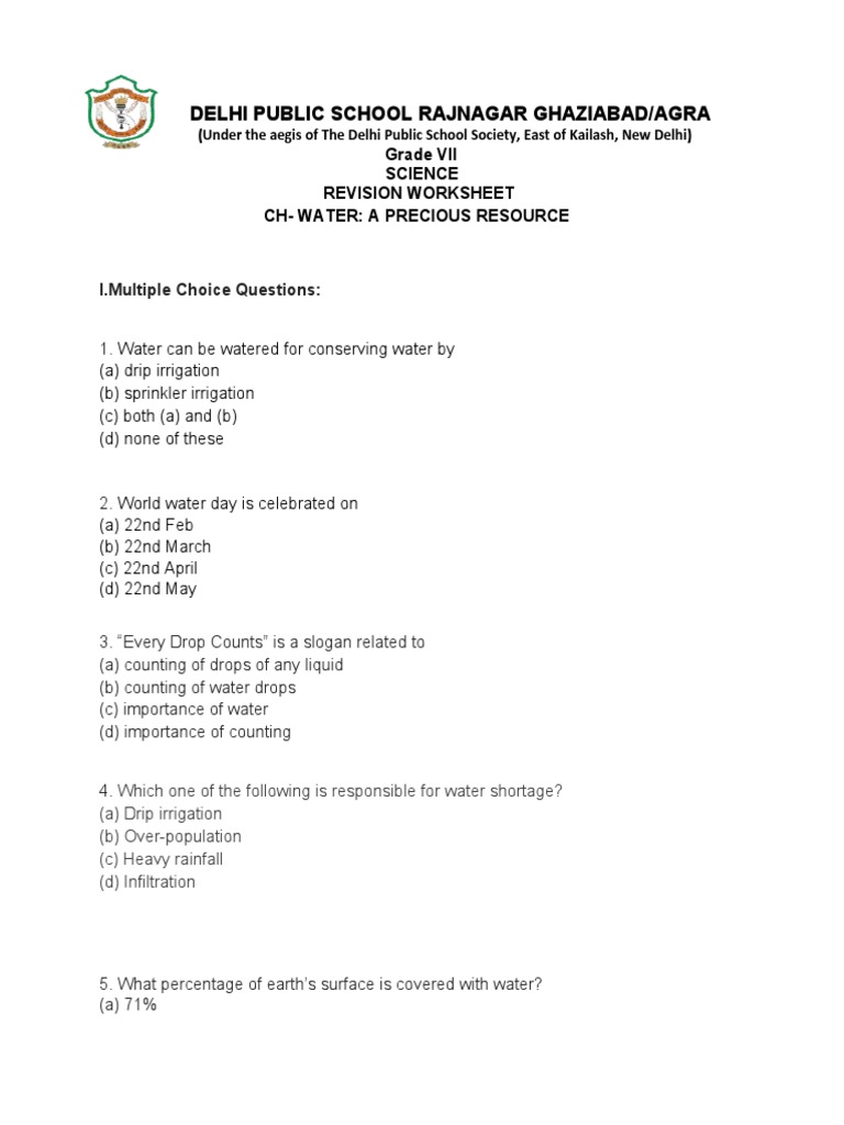 Water A Precious Resource Revision Worksheet PDF Water Natural Environment