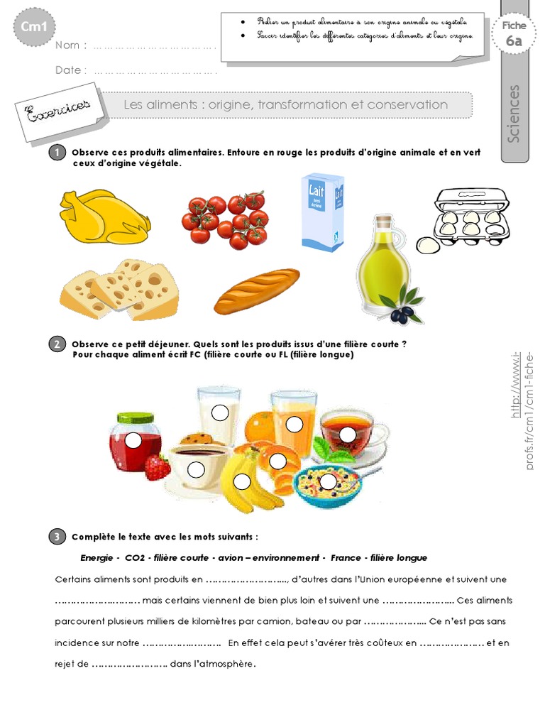 Exercices Sciences Cm1 à Imprimer Cm1 Exercices Vivant Origine Aliments | PDF | Nourritures | Information  nutritionnelle