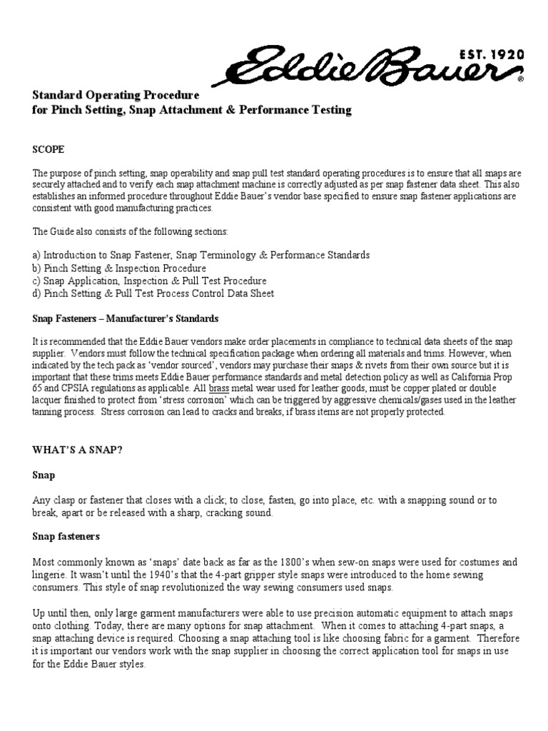 Standard Operating Procedure For Pinch Setting, Snap Attachment ...
